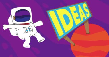 Astronaut adrift near a Red Planet with Ideas Billboard. Abstract cartoon animation. 4k HD Format resolution video.