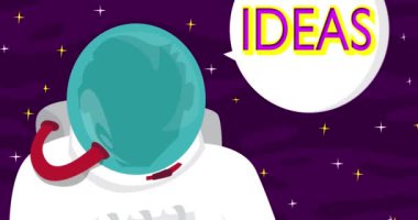 Astronaut saying Ideas in space with speech bubble. Abstract cartoon animation. 4k HD Format resolution video.