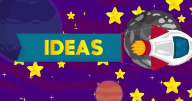 Rocket with Ideas Banner in Space. Cartoon Animation.