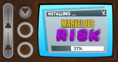 Cartoon Computer With the word Marvelous Risk. Message of a screen displaying an installation window.