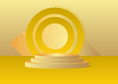 Gold and yellow product display. Vector 3D golden room, cylinder pedestal podium. Stage showcase for presentation. Futuristic Sci-fi minimal geometric forms, empty scene.
