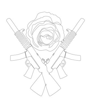 One continuous line of a Machine Gun with Rose. Thin Line Illustration vector concept. Contour Drawing Creative ideas.