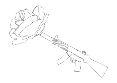 One continuous line of a Machine Gun with Rose. Thin Line Illustration vector concept. Contour Drawing Creative ideas.