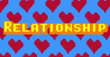 Pixel Dancing red Heart Pattern with Relationship text. Cartoon animation on blue background.