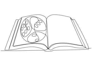 One continuous line of Opened Book with Dice. Thin Line Illustration vector concept. Contour Drawing Creative ideas.
