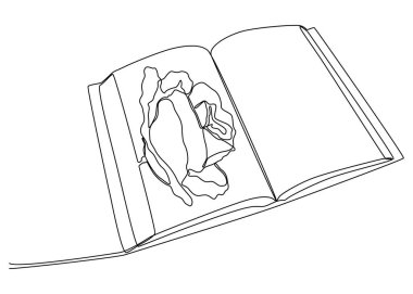 One continuous line of opened Book with Rose. Thin Line Illustration vector concept. Contour Drawing Creative ideas.