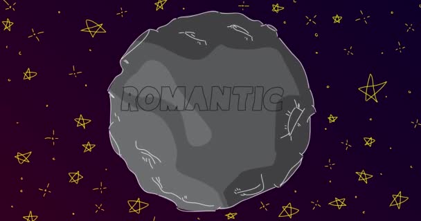 ラインロマンチックなテキストとアート漫画の月 灰色の惑星と星との抽象的な夜空 漫画アニメビデオ — ストック動画
