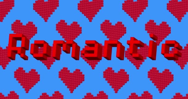 Pixel Dancing Red Heart Pattern Romantic Text Cartoon Animation Blue — Stock video
