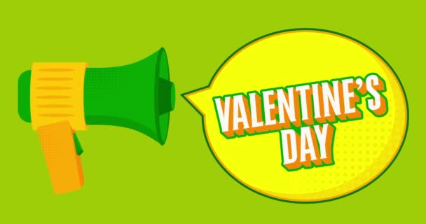 Green Megaphone Valentines Day Text Yellow Speech Bubble Resolution Animation — стоковое видео