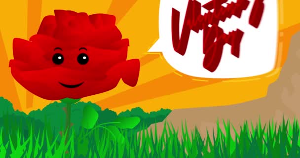 Червона Квітка Вітає День Святого Валентина Бульбашкою Мови Карикатура Польові — стокове відео