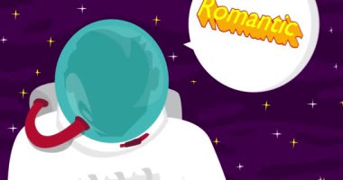 Astronaut saying Romantic in space with speech bubble. Abstract cartoon animation. 4k HD Format resolution video.