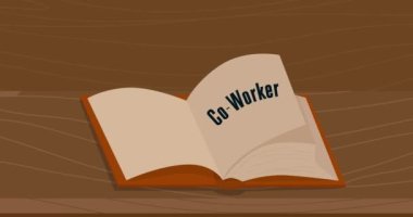 Co-worker word on a blank opened book, cartoon animation.