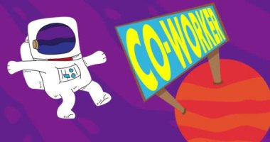 Astronaut adrift near a Red Planet with Co-worker Billboard. Abstract cartoon animation. 4k HD Format resolution video.