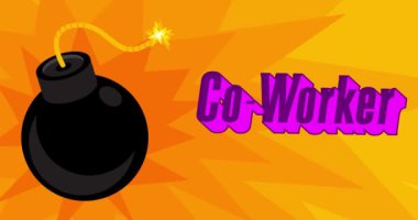 Cartoon Black Bomb with Co-worker text. Explosive dancing on yellow blast background.