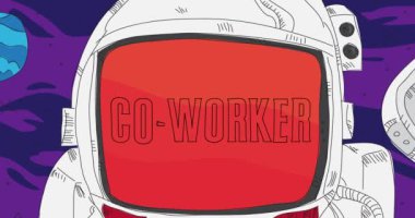 Astronaut in space with Co-worker Text on his helmet. Abstract dancing line cartoon animation. 4k HD Format resolution video.