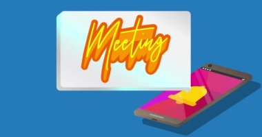 Meeting text on notification bubble from portable information device screen. Mobile app message, connection, communication concept. Animated video.