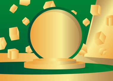 Mockup Green and Gold product display. Abstract vector 3D room, futuristic cylinder pedestal podium. Stage showcase for presentation. Sci-fi geometric forms, empty scene.