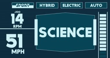 Fen Metni ile Gelecekçi Araba Kontrol Paneli. Dijital Grafiksel Kullanıcı Arayüzü Canlandırması.