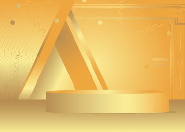Altın ürün sergisi. Vektör 3 boyutlu altın oda, silindir kaide podyumu. Sunum için sahne gösterisi. Gelecekçi bilim kurgu, asgari geometrik biçimler, boş sahne.