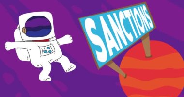 Astronaut adrift near a Red Planet with Sanctions Billboard. Abstract cartoon animation. 4k HD Format resolution video.