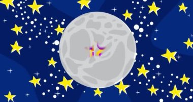 Cultural Explorer Text on the Moon with the night sky and stars. Cartoon animation video.