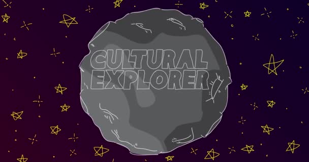 线条艺术漫画月亮与文化探索者文字 带着灰色星球和星星的抽象夜空 卡通动画片 — 图库视频影像