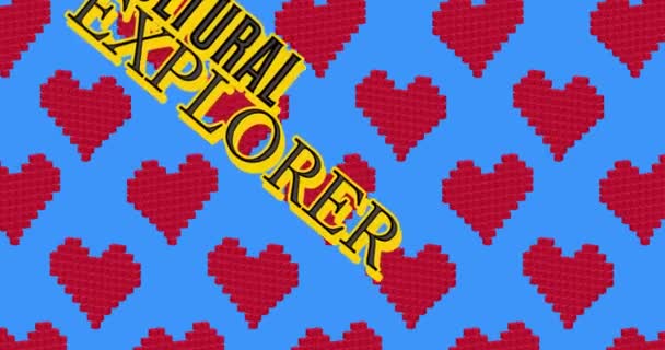 Pixel Dancing Red Heart Pattern Cultural Explorer Text Cartoon Animation — 图库视频影像