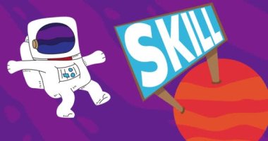 Astronaut adrift near a Red Planet with Skill Billboard. Abstract cartoon animation. 4k HD Format resolution video.