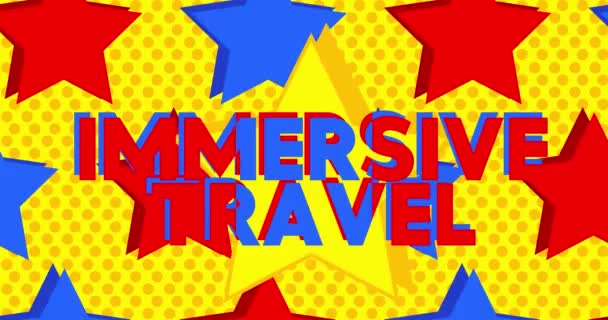 Animated Red Blue Yellow Stars Immersive Travel Text Inglés Vídeo — Vídeo de stock