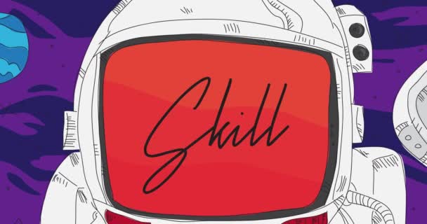 Astronaut Ruimte Met Skill Text Zijn Helm Abstracte Danslijn Tekenfilm — Stockvideo