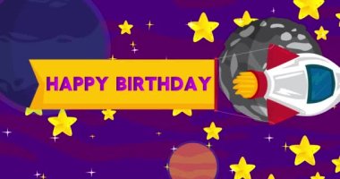 Rocket with Happy Birthday Banner in Space. Cartoon Animation.