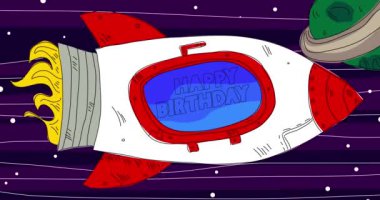 Rocket in Space with Happy Birthday text on the window. Line Art Cartoon Animation.