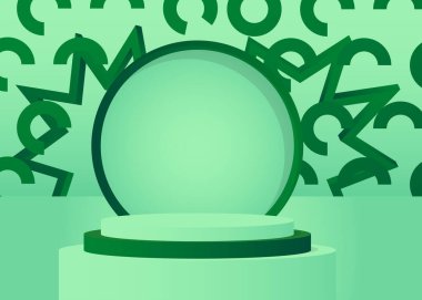 Green and Turquoise Sci-fi pedestal podium. Realistic product display. Mockup stage showcase. Futuristic vector 3D room with minimal geometric forms, empty scene.
