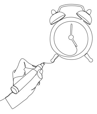 One continuous line of Alarm Clock drawn with a pencil, felt tip pen. Thin Line Illustration vector concept. Contour Drawing Creative ideas.