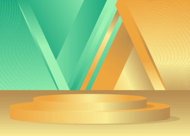 Abstract Gold Turquoise Mockup product vector 3D room. Realistic cylinder pedestal podium display, empty scene. Minimal stage showcase for presentation. Futuristic Sci-fi geometric forms.