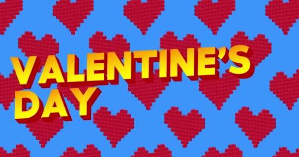 Pixel Tanzendes Rotes Herzmuster Mit Valentinstag Text Zeichentrickfilm Auf Blauem — Stockvideo
