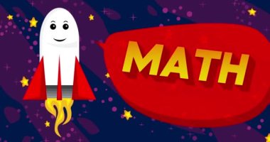 Rocket in space with Math text in red speech bubble. Cartoon Animation.