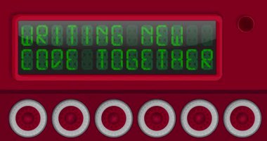 Writing New Code Together text on a Digital Led Panel. Announcement Message with Light Equipment.