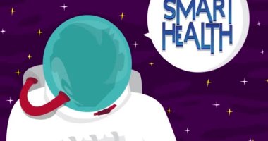 Astronaut saying Smart Health in space with speech bubble. Abstract cartoon animation. 4k HD Format resolution video.
