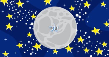 Over 50 and around the world Text on the Moon with the night sky and stars. Cartoon animation video.