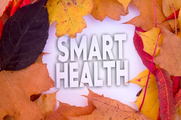 Autumn leaves, objects with Smart Health text. Natural patterns, color design.
