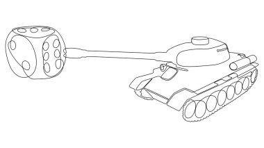 One continuous line of Armored Tank with dice. Thin Line Illustration vector concept. Contour Drawing Creative ideas.