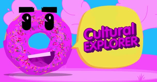 语言泡沫中带有文化探索者文字的甜甜圈 卡通动画 — 图库视频影像