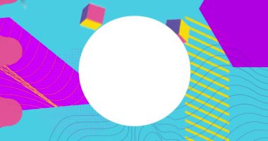 Arkaplanda beyaz daire olan geometrik grafik retro tema arka plan videosu. Minimum geometrik karikatür elementleri tasarımı. Klasik soyut şekiller şablonu.