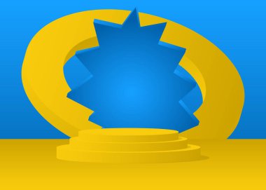 Blue and yellow fantastic minimal geometric product display mockup. Abstract stage, cylinder pedestal podium. 3D showcase room for presentation, empty scene.