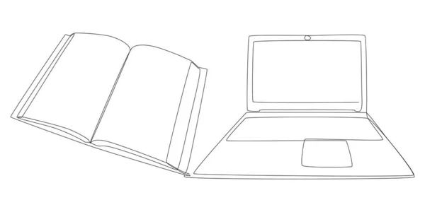 One Continuous Line Laptop Book Thin Line Illustration Vector Concept — Stockový vektor