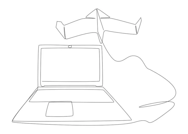 Una Linea Continua Laptop Paper Airplane Thin Line Illustrazione Concetto — Vettoriale Stock