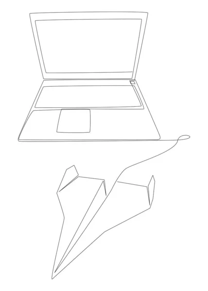 Una Línea Continua Laptop Paper Airplane Concepto Vectorial Ilustración Línea — Vector de stock