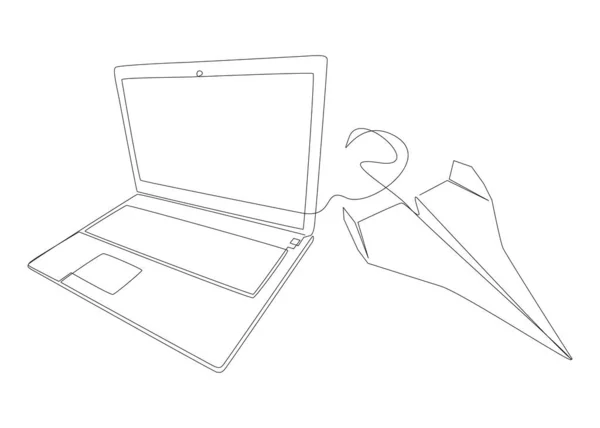 Een Continue Lijn Van Laptop Paper Airplane Dunne Lijn Illustratie — Stockvector