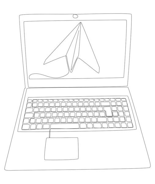 Une Ligne Continue Ordinateur Portable Avion Papier Thin Line Illustration — Image vectorielle